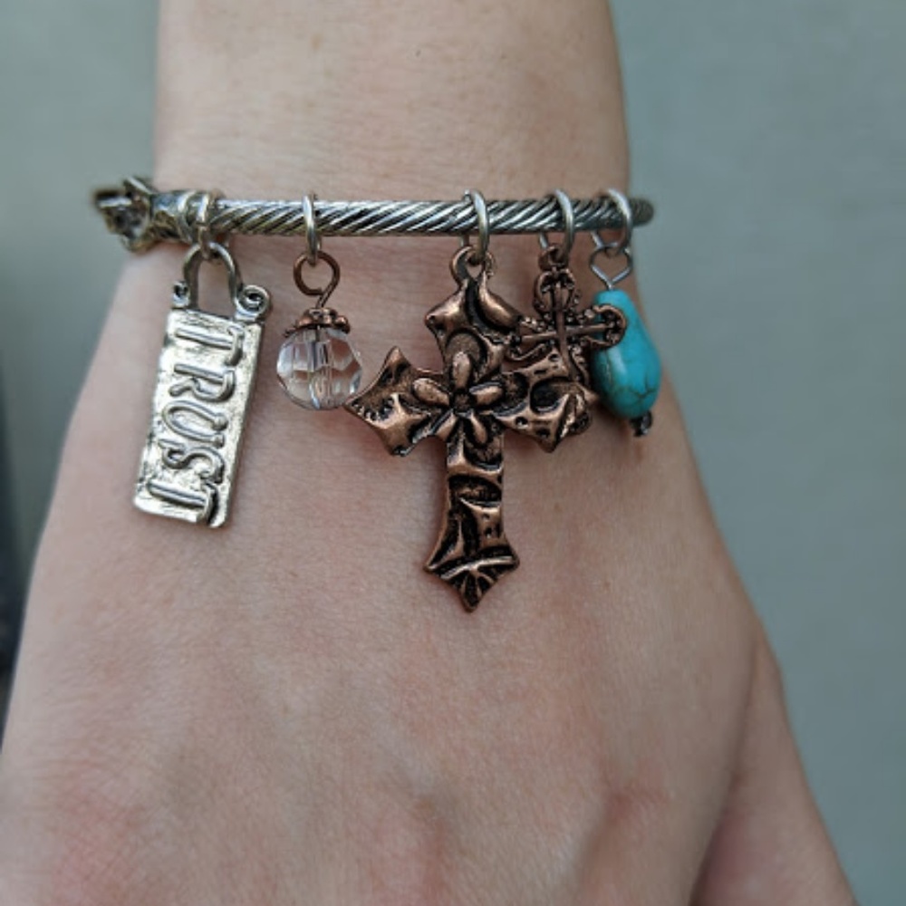 Silver and Copper Dangle Cross Bracelet